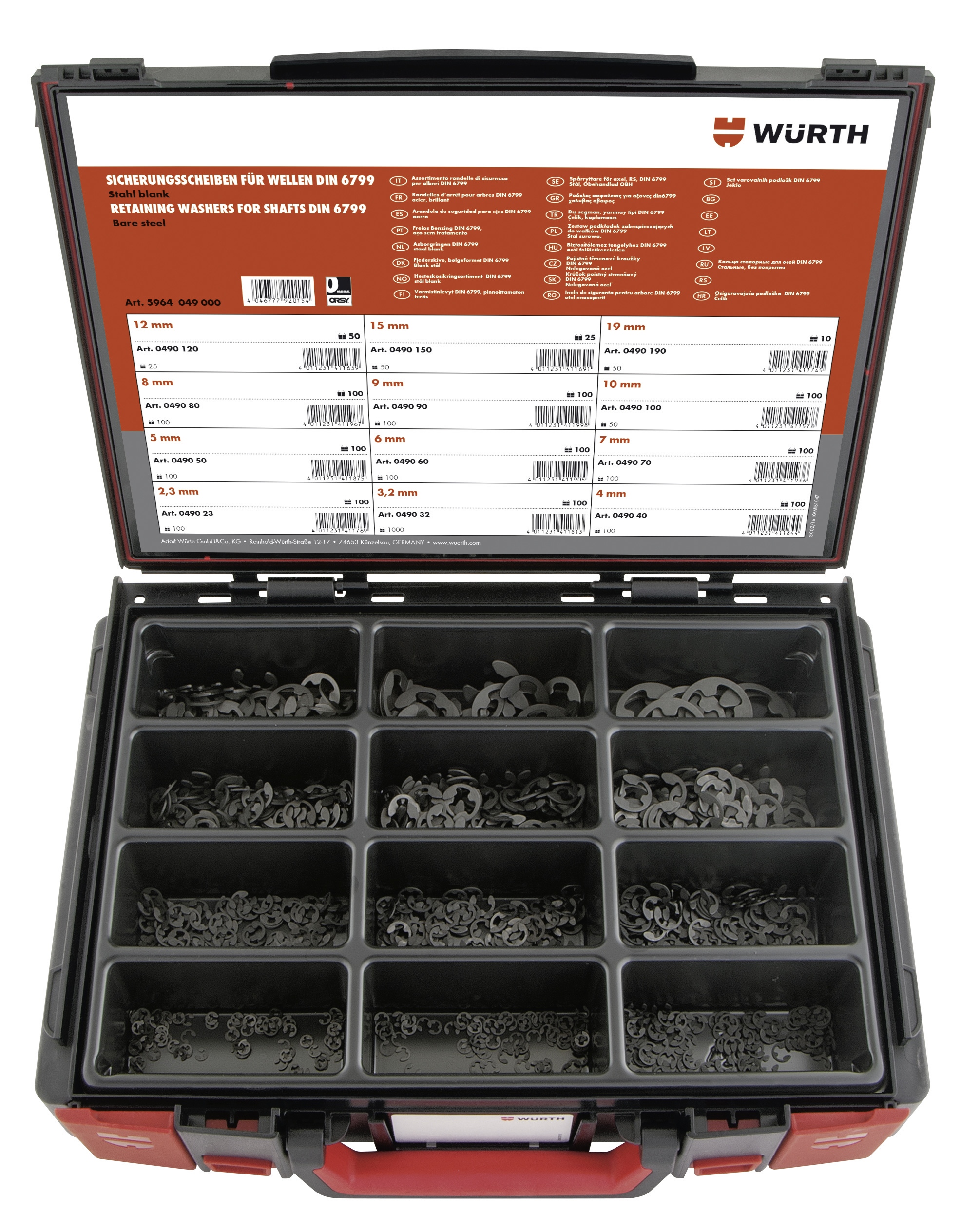 Arandela de seguridad, eje, surtido acero sin recubrim. 985 pz. Sysko